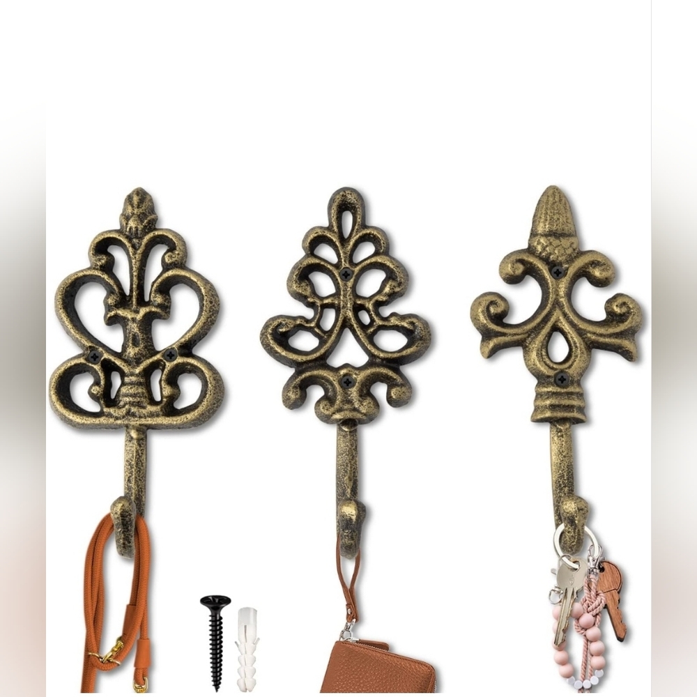 Set of 3 Shabby Chic Cast Iron Decorative Wall Mounted Hooks French Country Char
